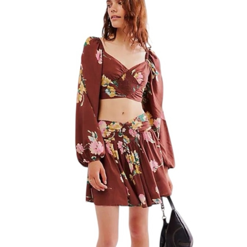 NWT Free People Dawn to Dusk Brown Floral Crop Top Mini Skort Skirt Set - S / L